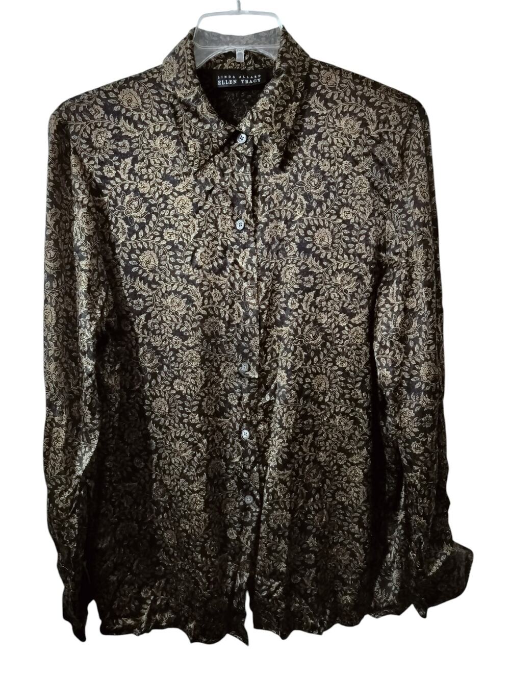 5819)Vtg Linda Allard Ellen Tracy Floral Silk Charmeuse Gold Button Up Blouse 14